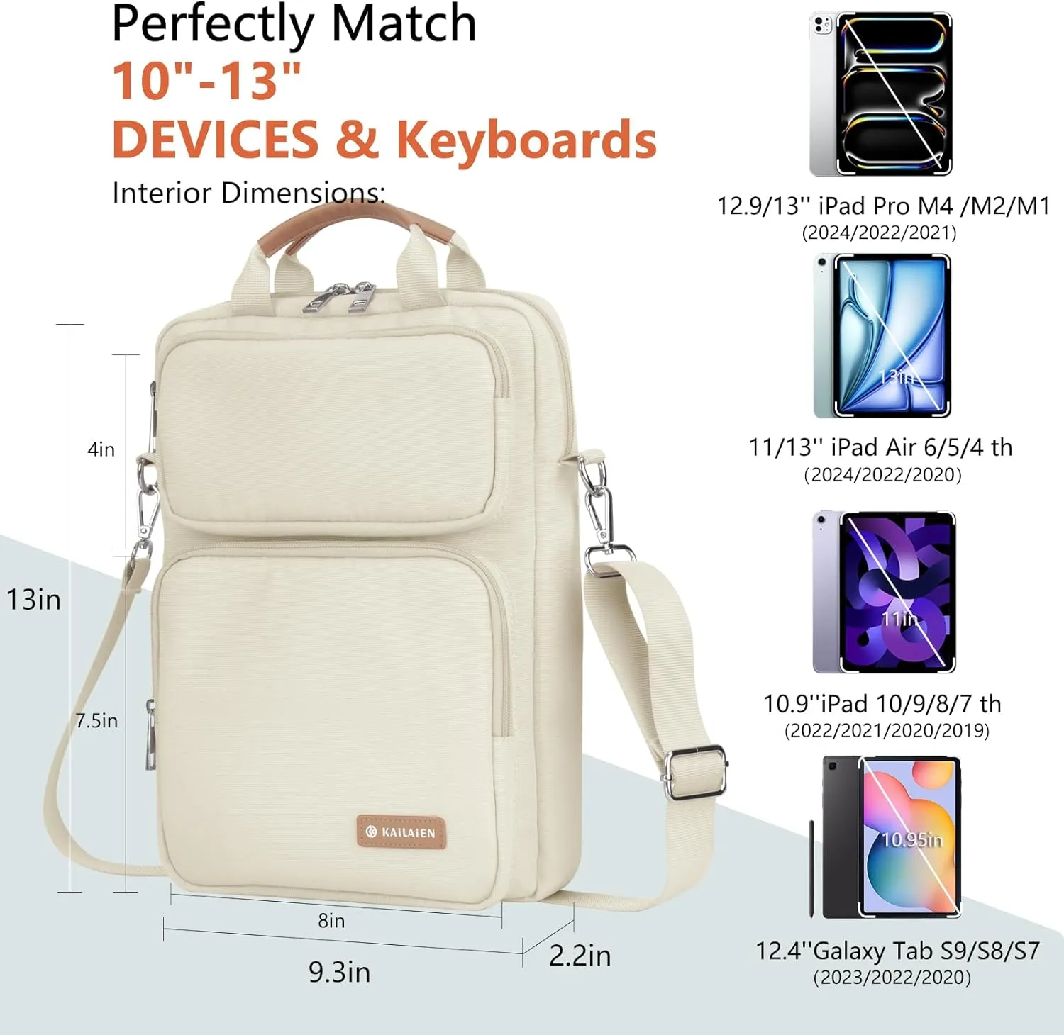 10-13 Inch Tablet Sleeve Bag, Ipad Bag for 13 In/11 in New iPad Pro M4 & 13 in Air M2 2024,iPad Pro 12.9 M2&M1,Ipad 10.9,Galaxy Tab S8 /S9  12.4,with Removable Shoulder Strap (Beige)