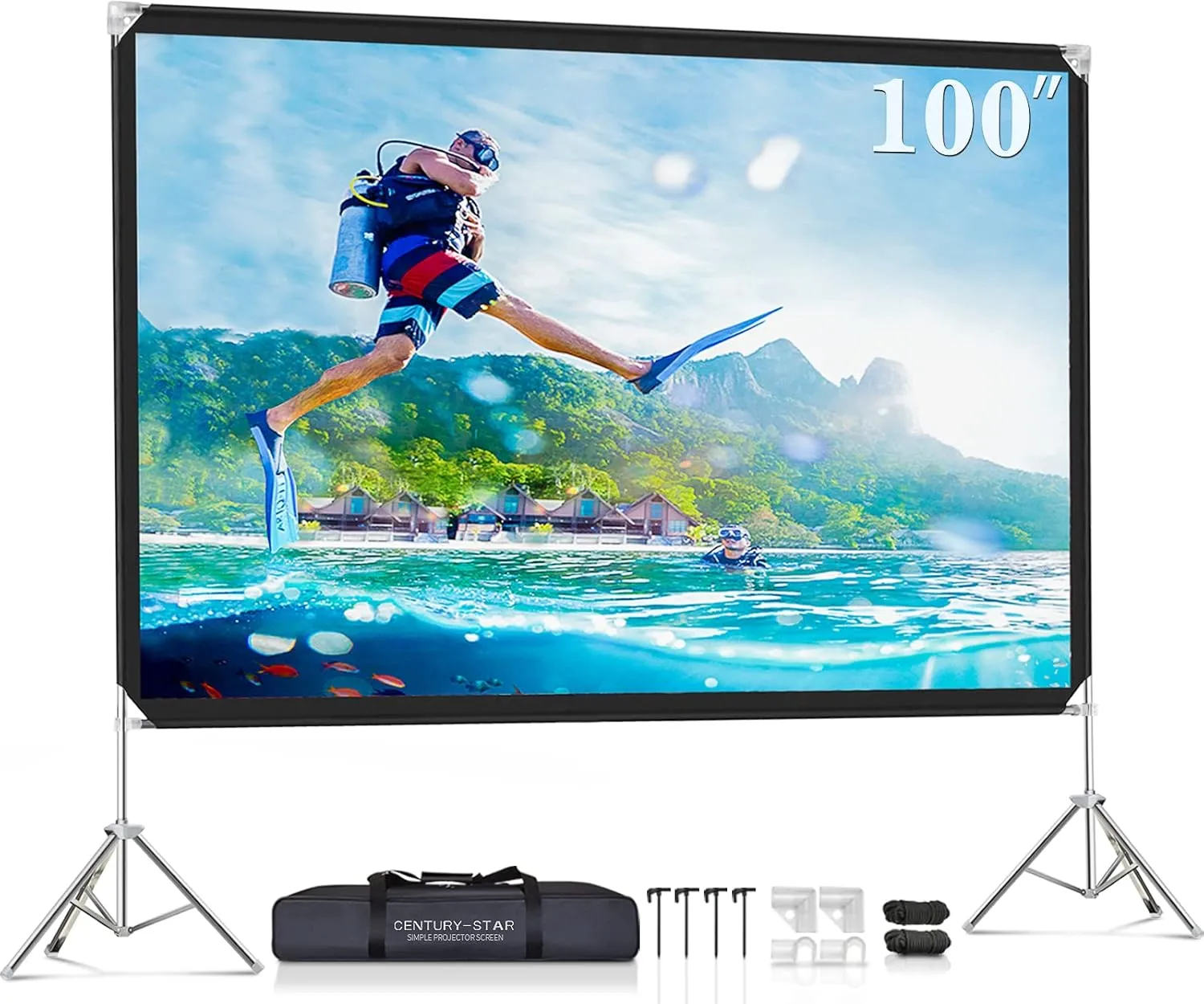 100-inch Outdoor Projector Screen and Stand - Wrinkle-Free Nylon 16:9 Portable Screen With Carrying Bag for Home Theater and Backyard Movies