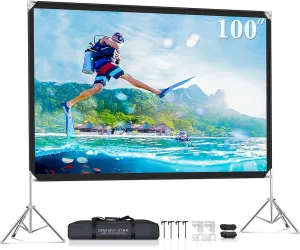 100-inch Outdoor Projector Screen and Stand - Wrinkle-Free Nylon 16:9 Portable Screen With Carrying Bag for Home Theater and Backyard Movies