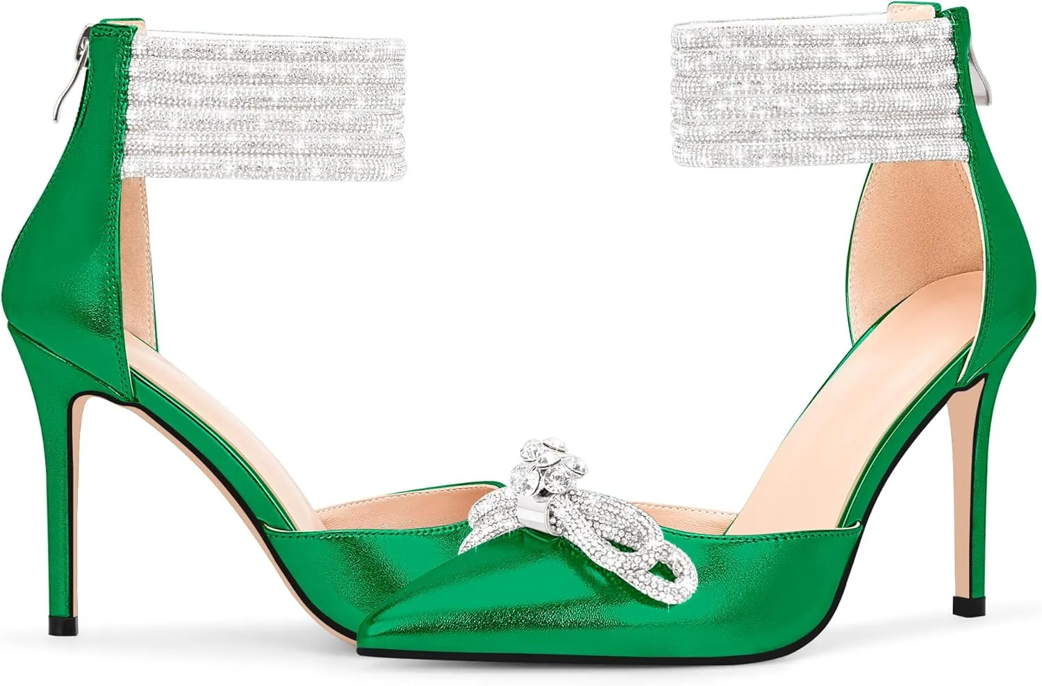 100FIXEO Women's Sexy Rhinestone Bow High Heeled Pumps Pointed Toe Ankle Strap Stiletto Heel Wedding Dress Shoes