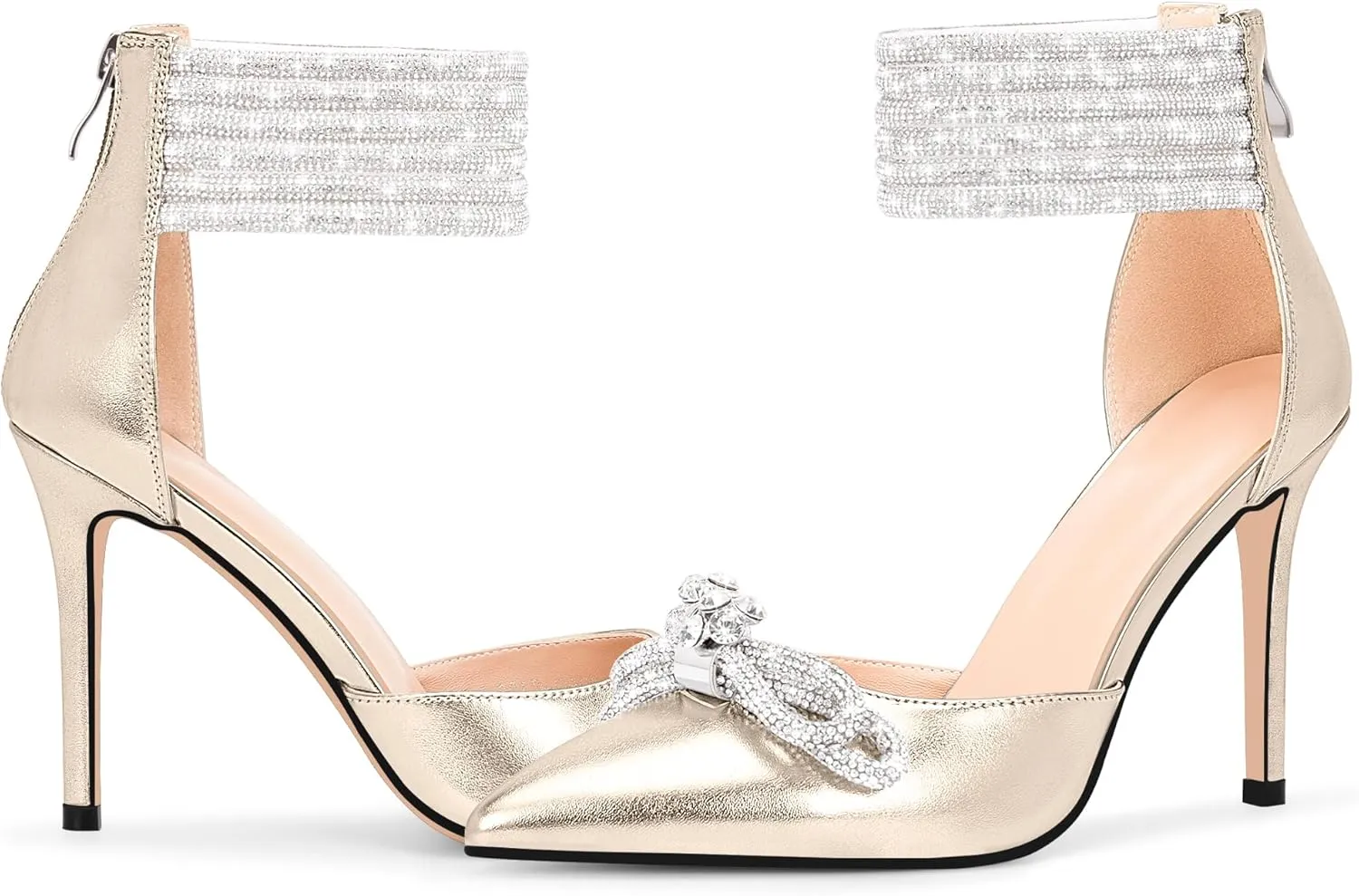 100FIXEO Women's Sexy Rhinestone Bow High Heeled Pumps Pointed Toe Ankle Strap Stiletto Heel Wedding Dress Shoes