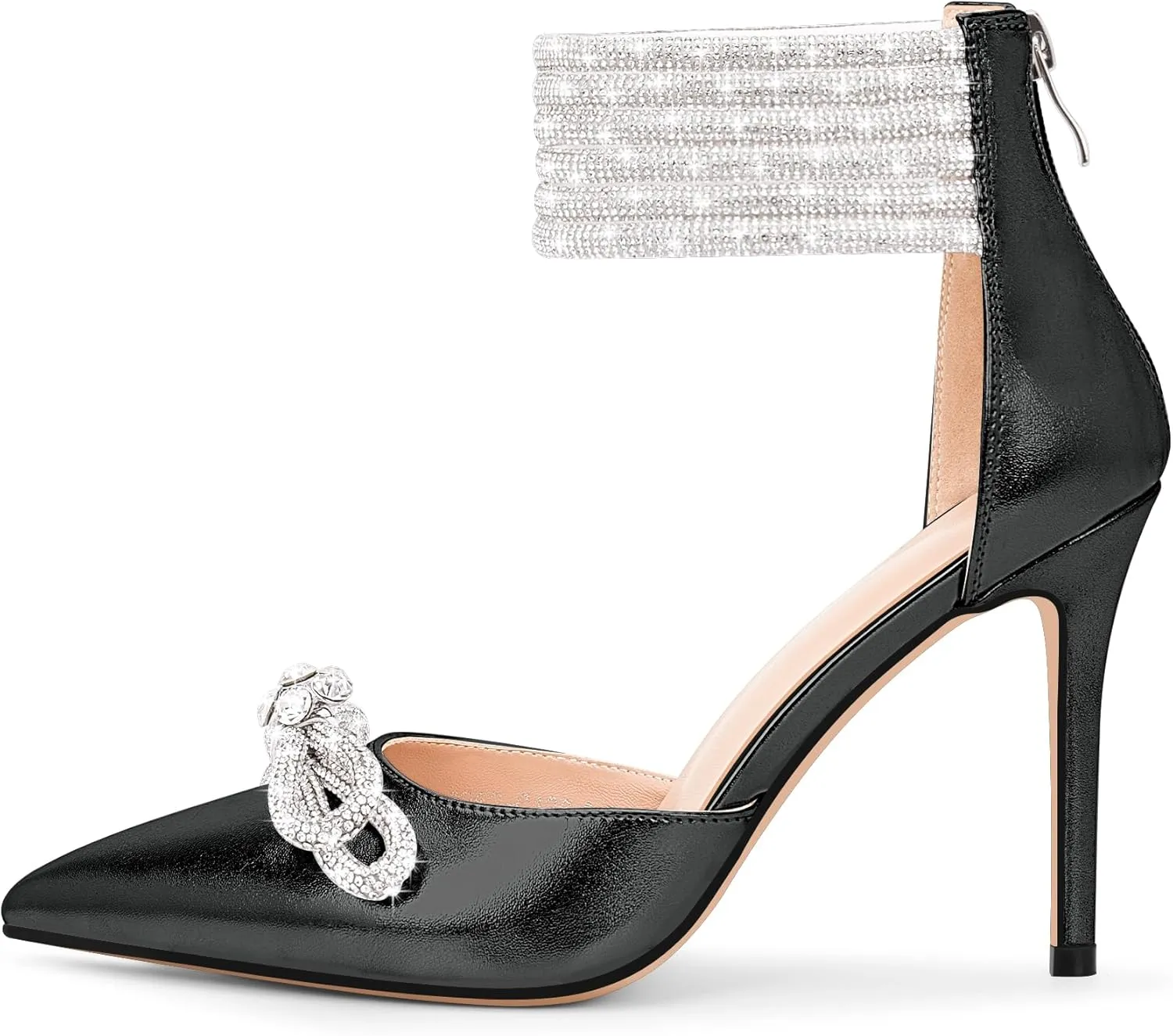 100FIXEO Women's Sexy Rhinestone Bow High Heeled Pumps Pointed Toe Ankle Strap Stiletto Heel Wedding Dress Shoes