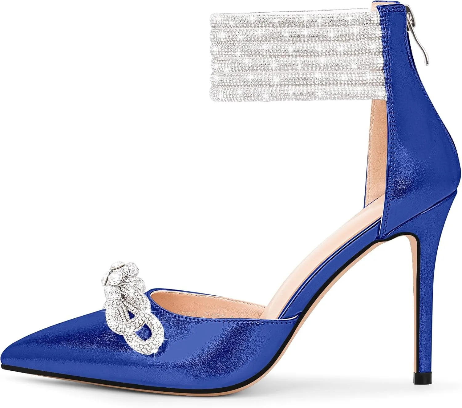 100FIXEO Women's Sexy Rhinestone Bow High Heeled Pumps Pointed Toe Ankle Strap Stiletto Heel Wedding Dress Shoes