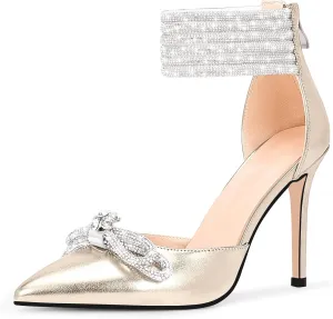100FIXEO Women's Sexy Rhinestone Bow High Heeled Pumps Pointed Toe Ankle Strap Stiletto Heel Wedding Dress Shoes