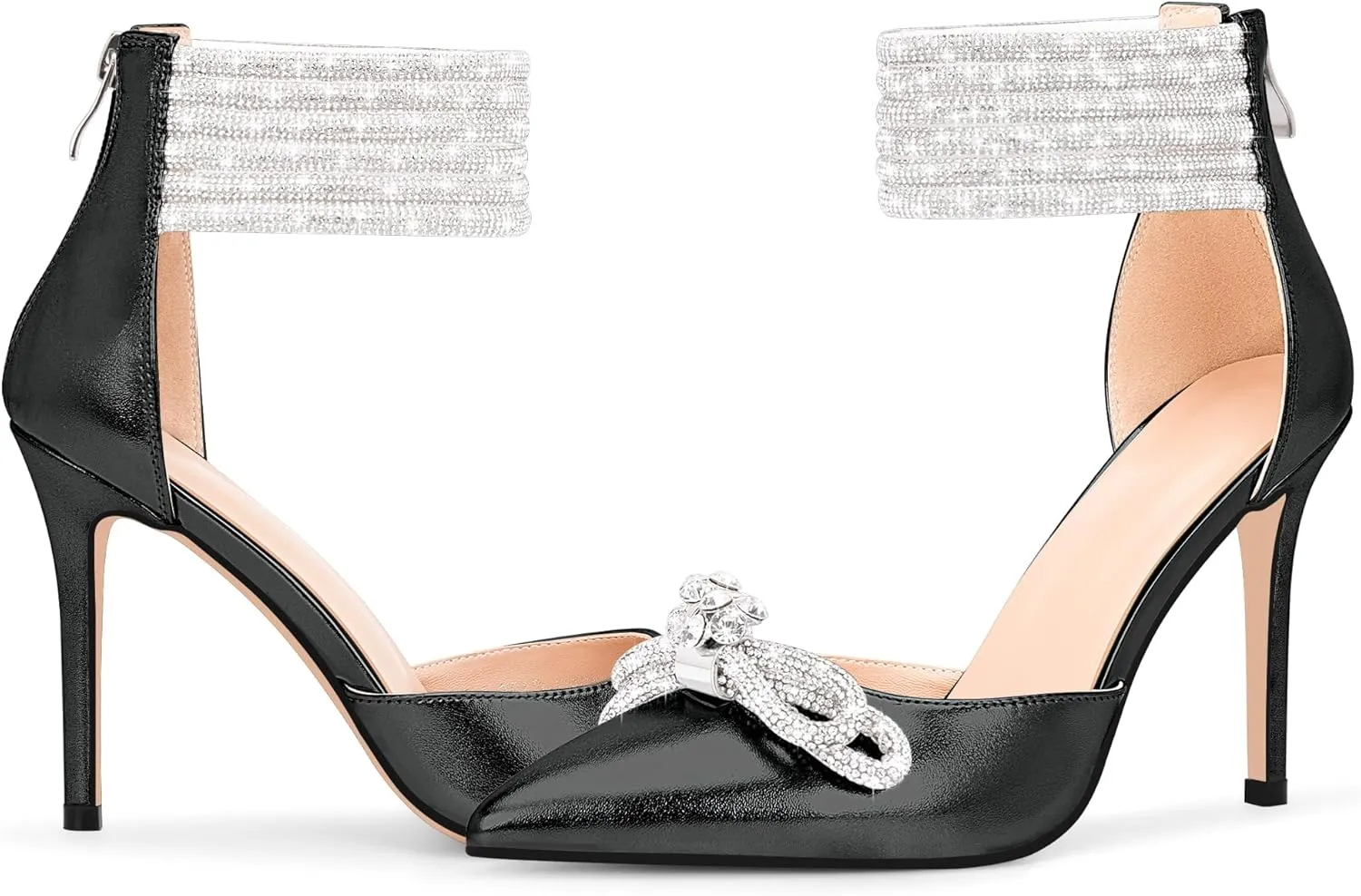 100FIXEO Women's Sexy Rhinestone Bow High Heeled Pumps Pointed Toe Ankle Strap Stiletto Heel Wedding Dress Shoes