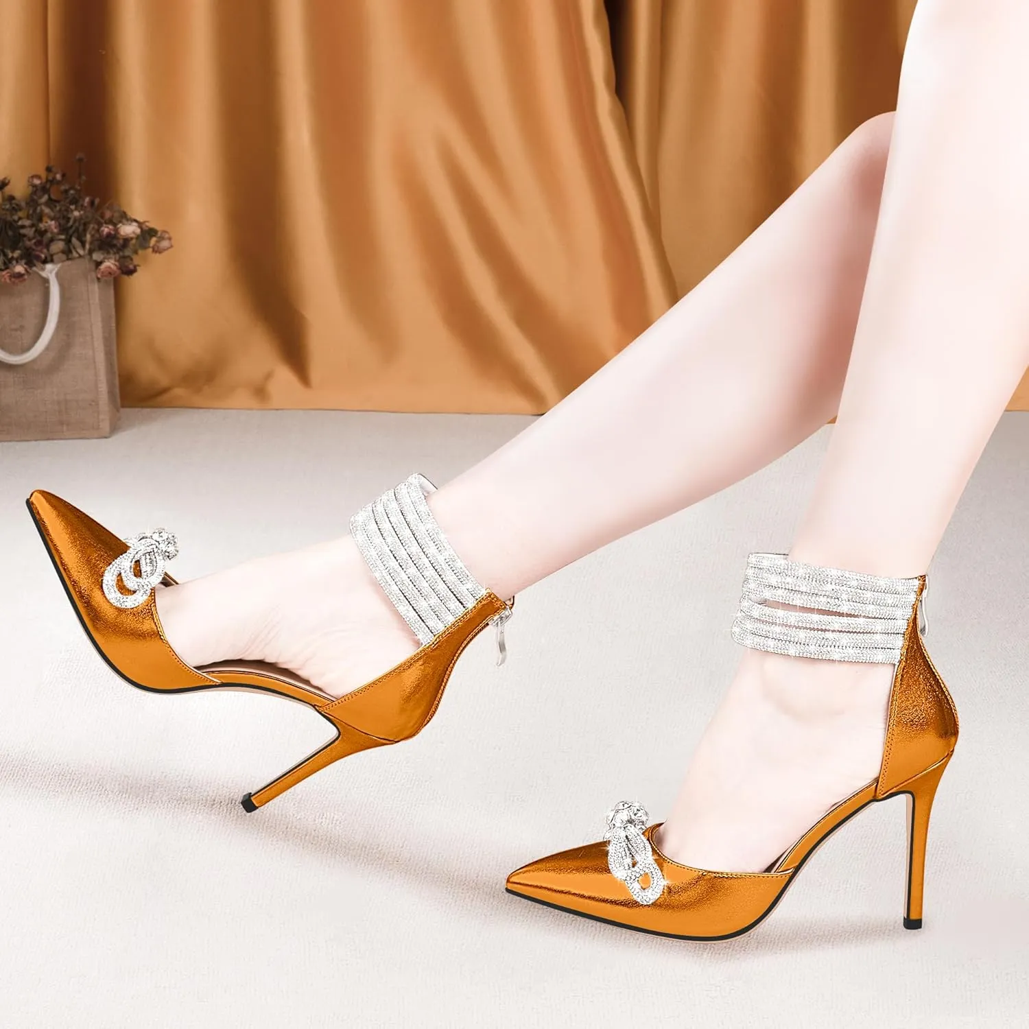 100FIXEO Women's Sexy Rhinestone Bow High Heeled Pumps Pointed Toe Ankle Strap Stiletto Heel Wedding Dress Shoes