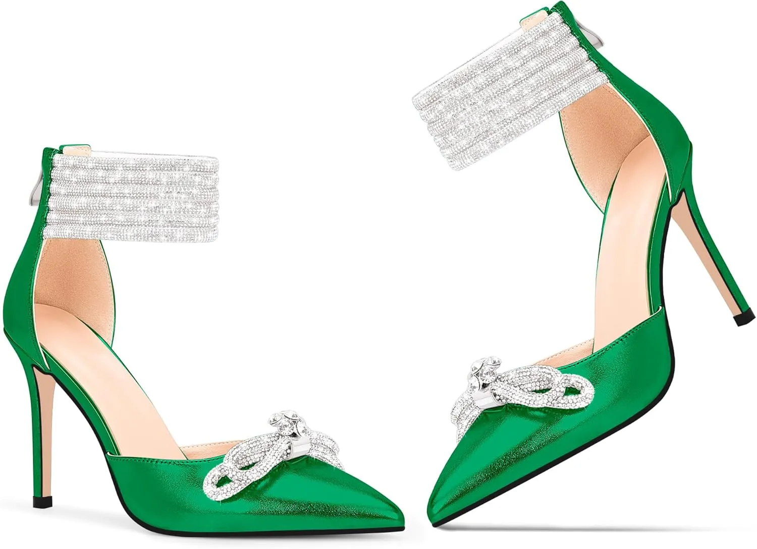 100FIXEO Women's Sexy Rhinestone Bow High Heeled Pumps Pointed Toe Ankle Strap Stiletto Heel Wedding Dress Shoes