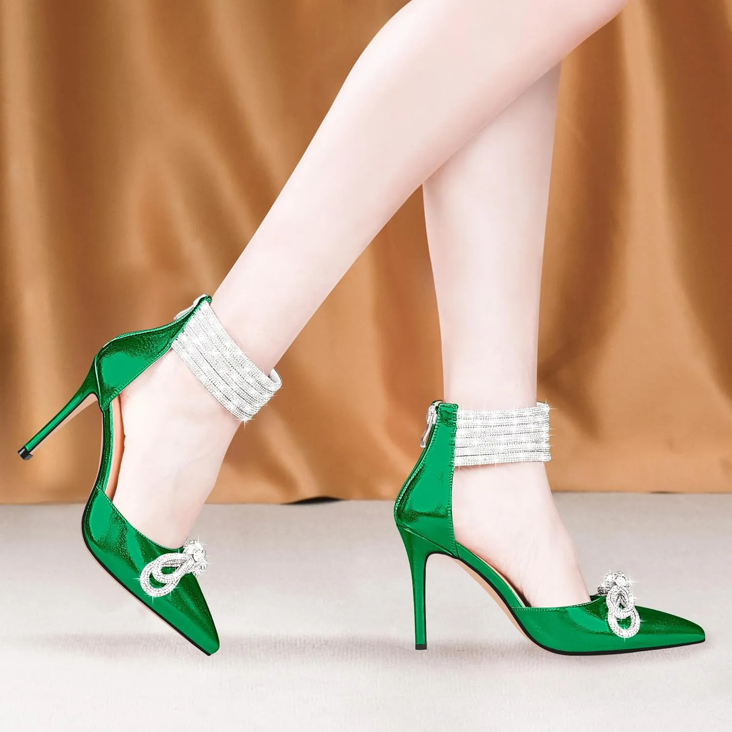 100FIXEO Women's Sexy Rhinestone Bow High Heeled Pumps Pointed Toe Ankle Strap Stiletto Heel Wedding Dress Shoes