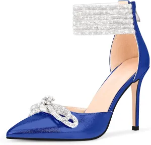 100FIXEO Women's Sexy Rhinestone Bow High Heeled Pumps Pointed Toe Ankle Strap Stiletto Heel Wedding Dress Shoes