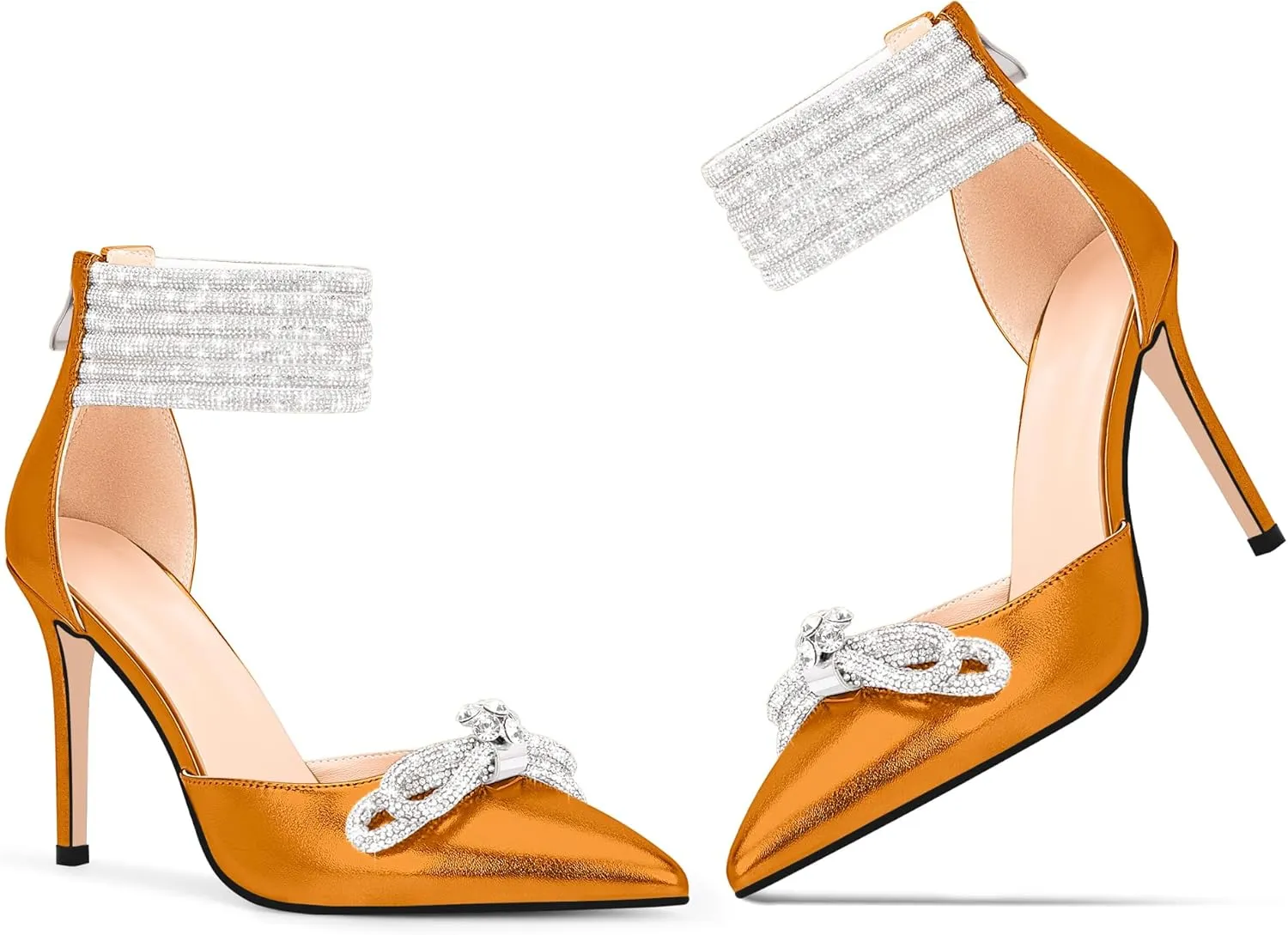100FIXEO Women's Sexy Rhinestone Bow High Heeled Pumps Pointed Toe Ankle Strap Stiletto Heel Wedding Dress Shoes