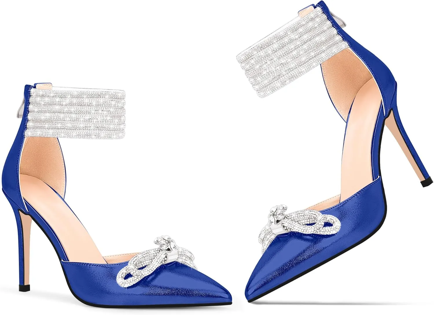 100FIXEO Women's Sexy Rhinestone Bow High Heeled Pumps Pointed Toe Ankle Strap Stiletto Heel Wedding Dress Shoes