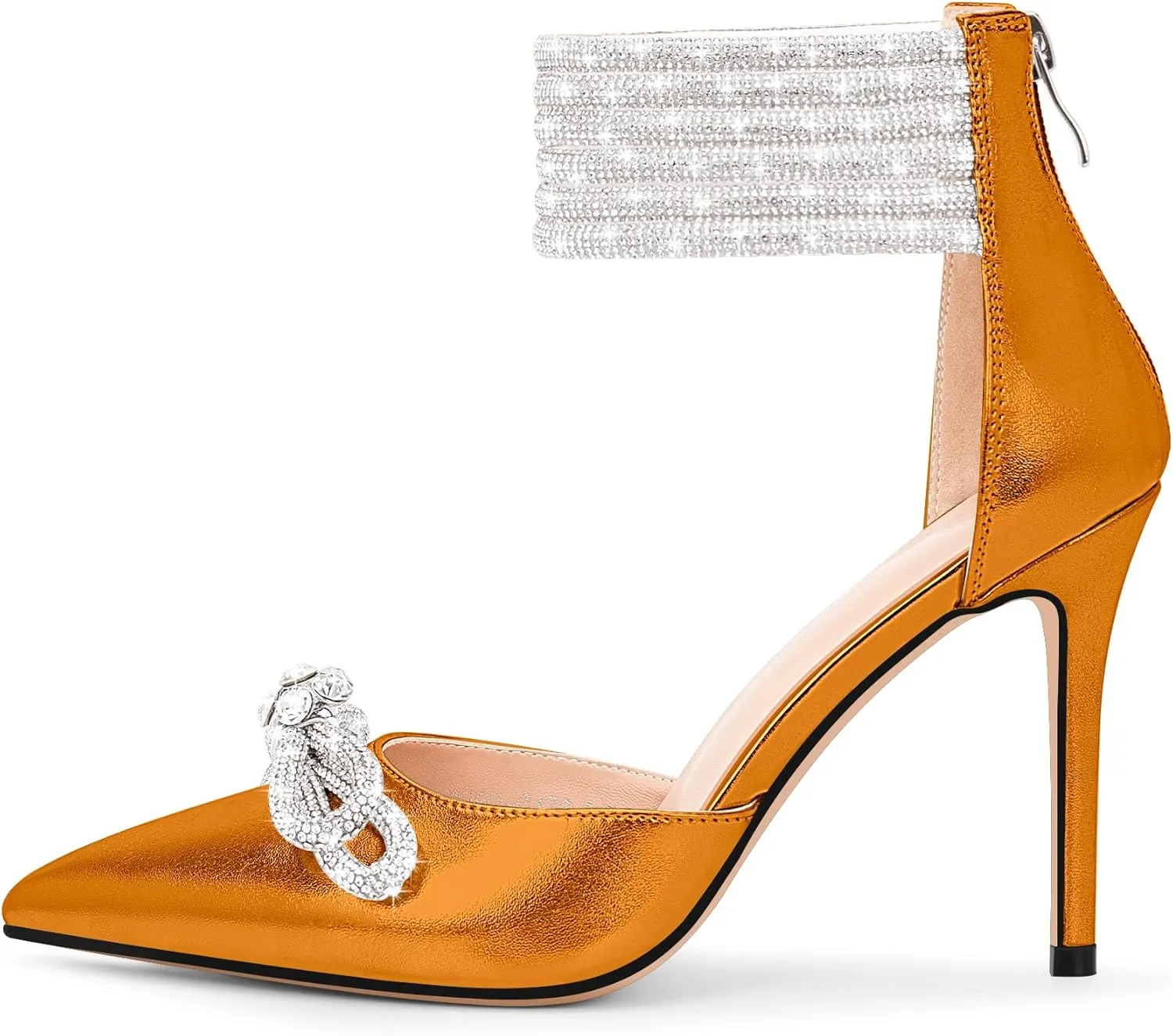 100FIXEO Women's Sexy Rhinestone Bow High Heeled Pumps Pointed Toe Ankle Strap Stiletto Heel Wedding Dress Shoes