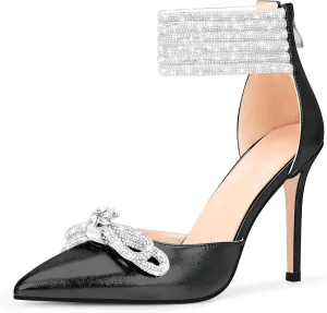 100FIXEO Women's Sexy Rhinestone Bow High Heeled Pumps Pointed Toe Ankle Strap Stiletto Heel Wedding Dress Shoes
