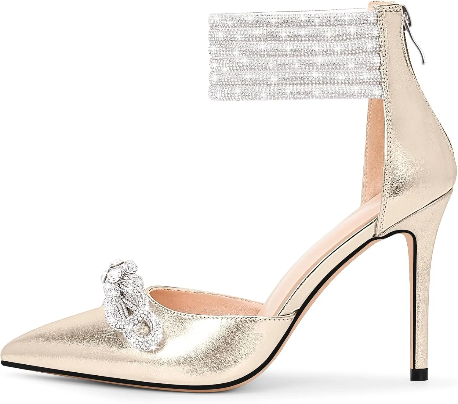 100FIXEO Women's Sexy Rhinestone Bow High Heeled Pumps Pointed Toe Ankle Strap Stiletto Heel Wedding Dress Shoes