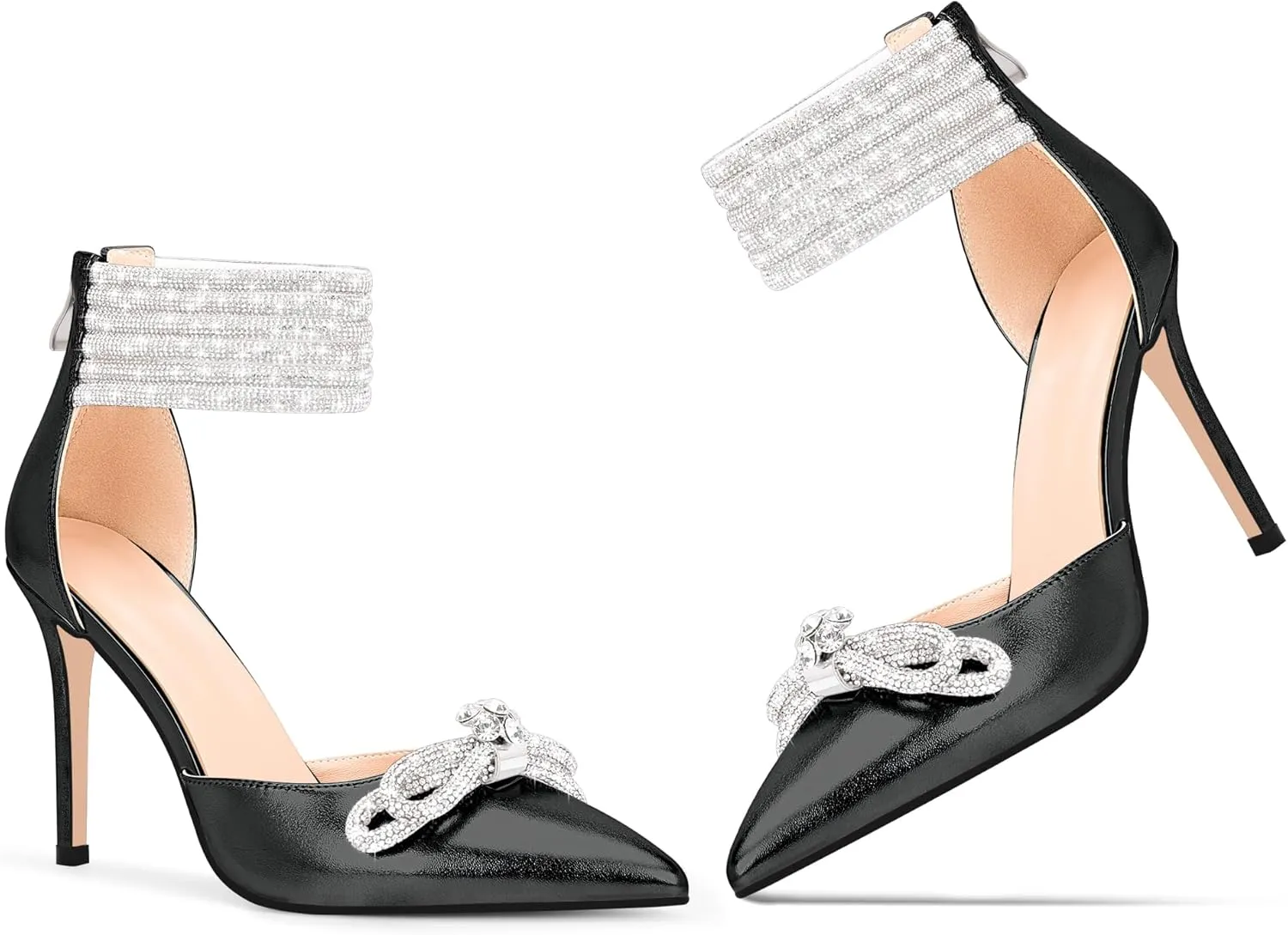 100FIXEO Women's Sexy Rhinestone Bow High Heeled Pumps Pointed Toe Ankle Strap Stiletto Heel Wedding Dress Shoes