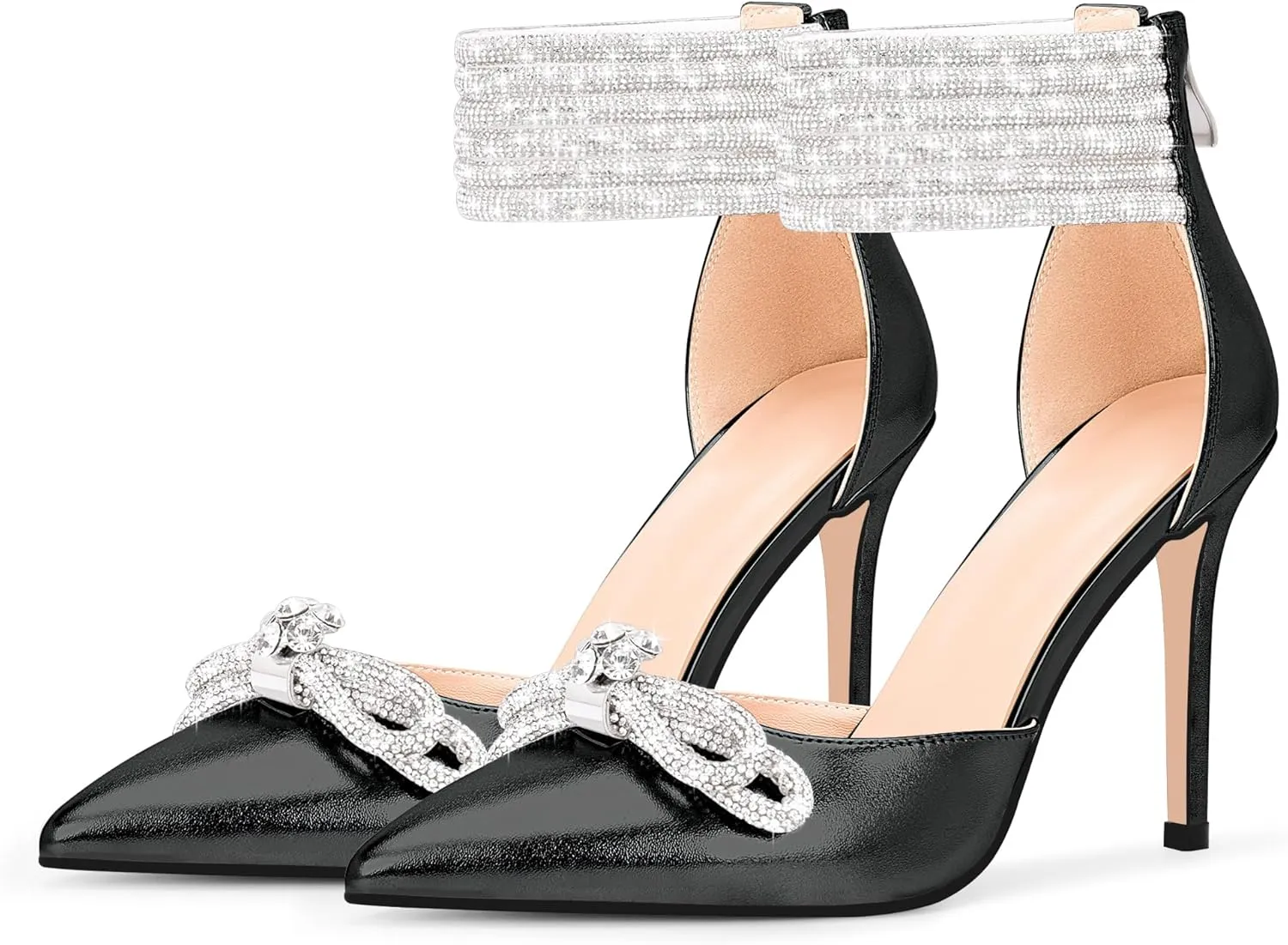 100FIXEO Women's Sexy Rhinestone Bow High Heeled Pumps Pointed Toe Ankle Strap Stiletto Heel Wedding Dress Shoes
