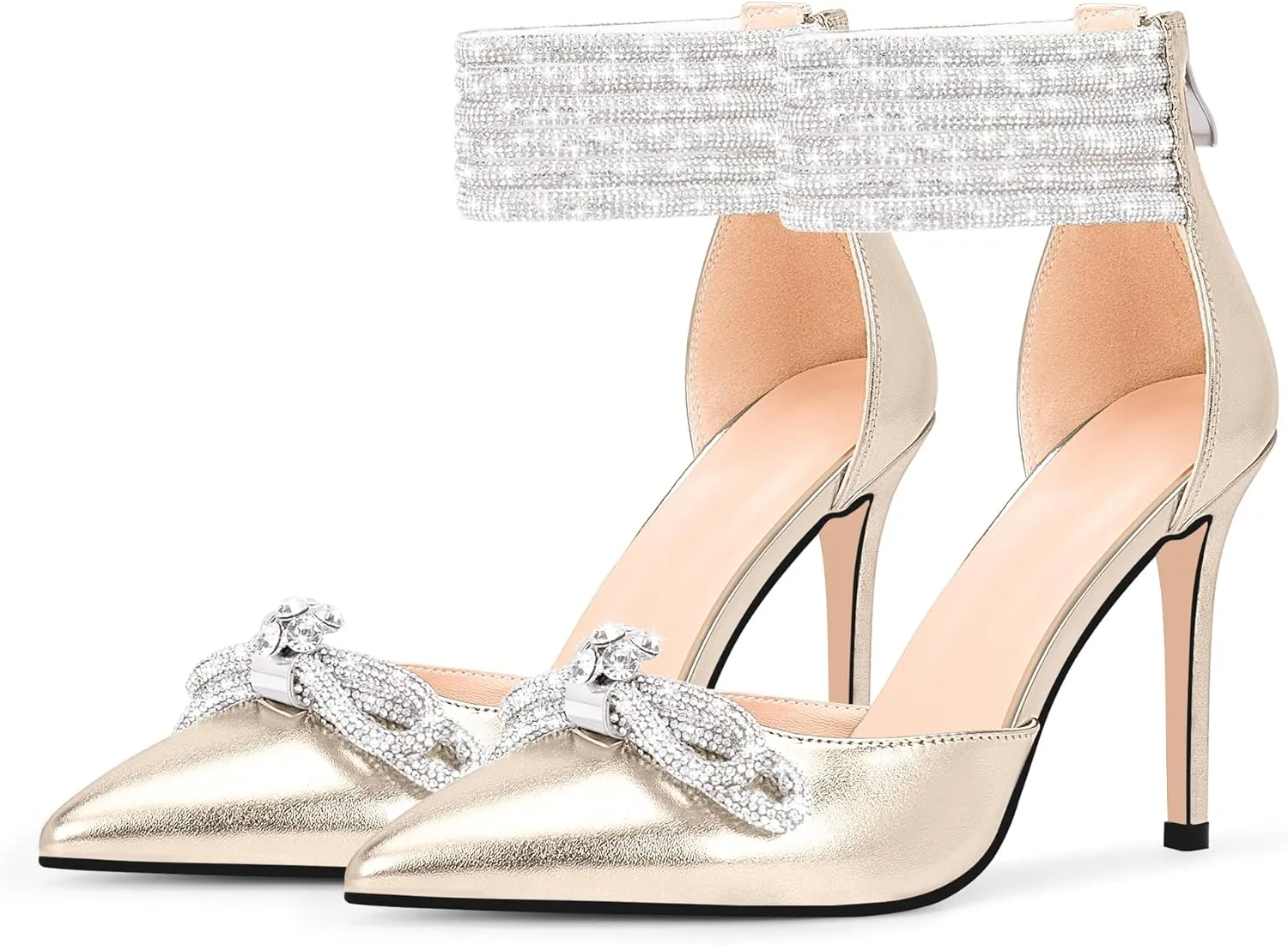 100FIXEO Women's Sexy Rhinestone Bow High Heeled Pumps Pointed Toe Ankle Strap Stiletto Heel Wedding Dress Shoes