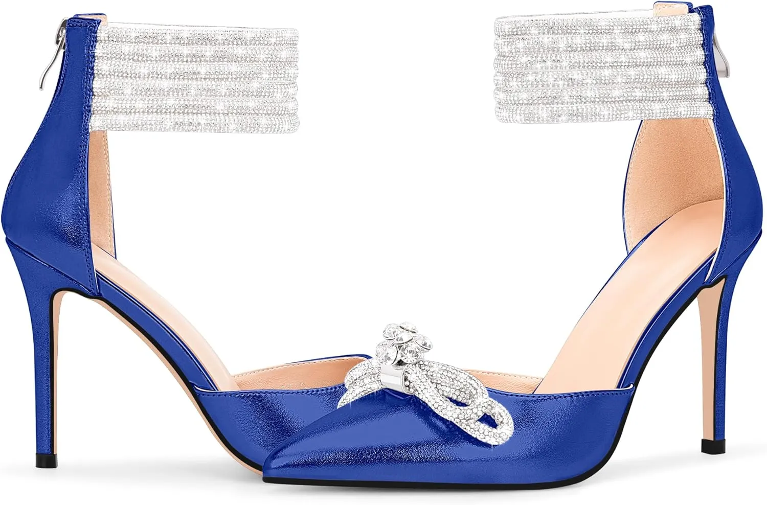100FIXEO Women's Sexy Rhinestone Bow High Heeled Pumps Pointed Toe Ankle Strap Stiletto Heel Wedding Dress Shoes