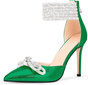 100FIXEO Women's Sexy Rhinestone Bow High Heeled Pumps Pointed Toe Ankle Strap Stiletto Heel Wedding Dress Shoes