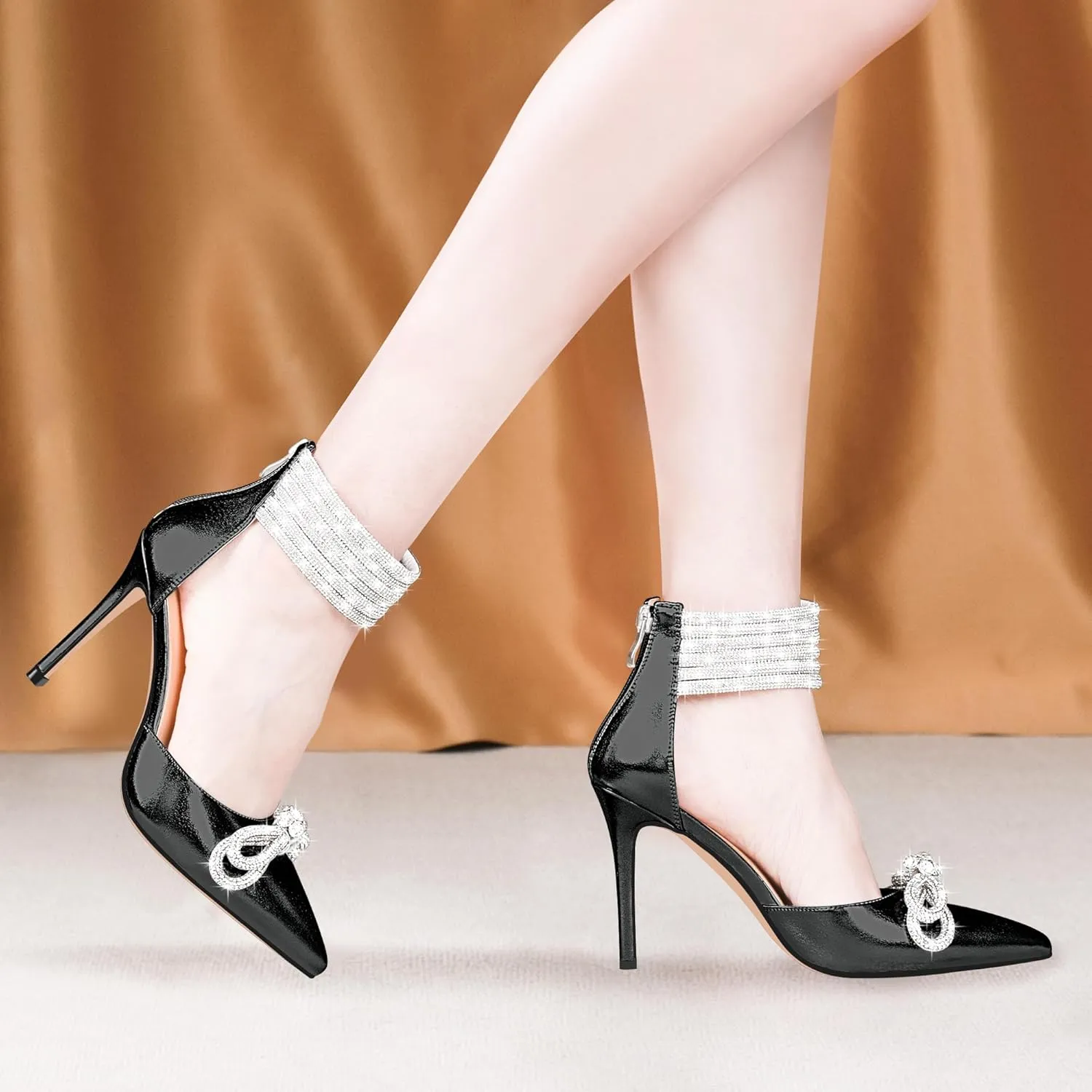 100FIXEO Women's Sexy Rhinestone Bow High Heeled Pumps Pointed Toe Ankle Strap Stiletto Heel Wedding Dress Shoes