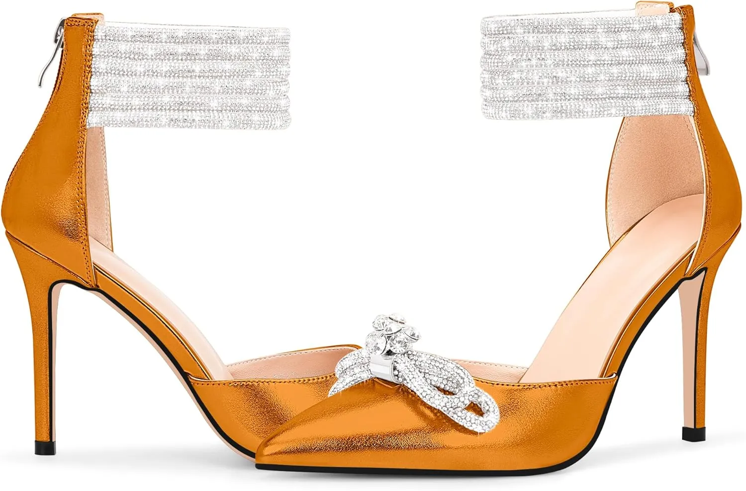 100FIXEO Women's Sexy Rhinestone Bow High Heeled Pumps Pointed Toe Ankle Strap Stiletto Heel Wedding Dress Shoes