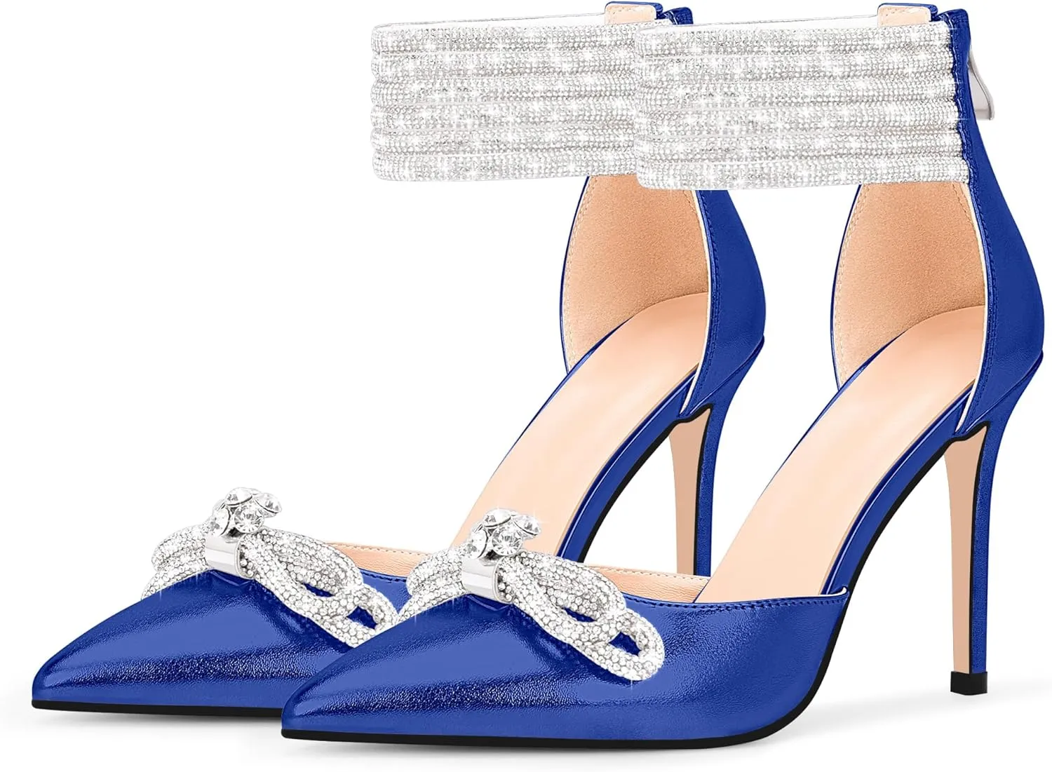 100FIXEO Women's Sexy Rhinestone Bow High Heeled Pumps Pointed Toe Ankle Strap Stiletto Heel Wedding Dress Shoes