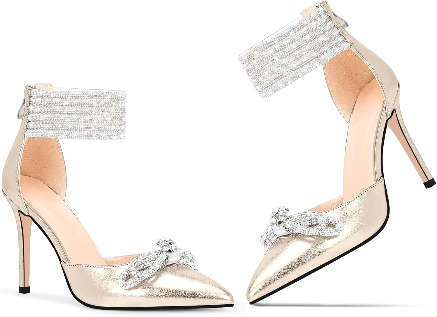 100FIXEO Women's Sexy Rhinestone Bow High Heeled Pumps Pointed Toe Ankle Strap Stiletto Heel Wedding Dress Shoes