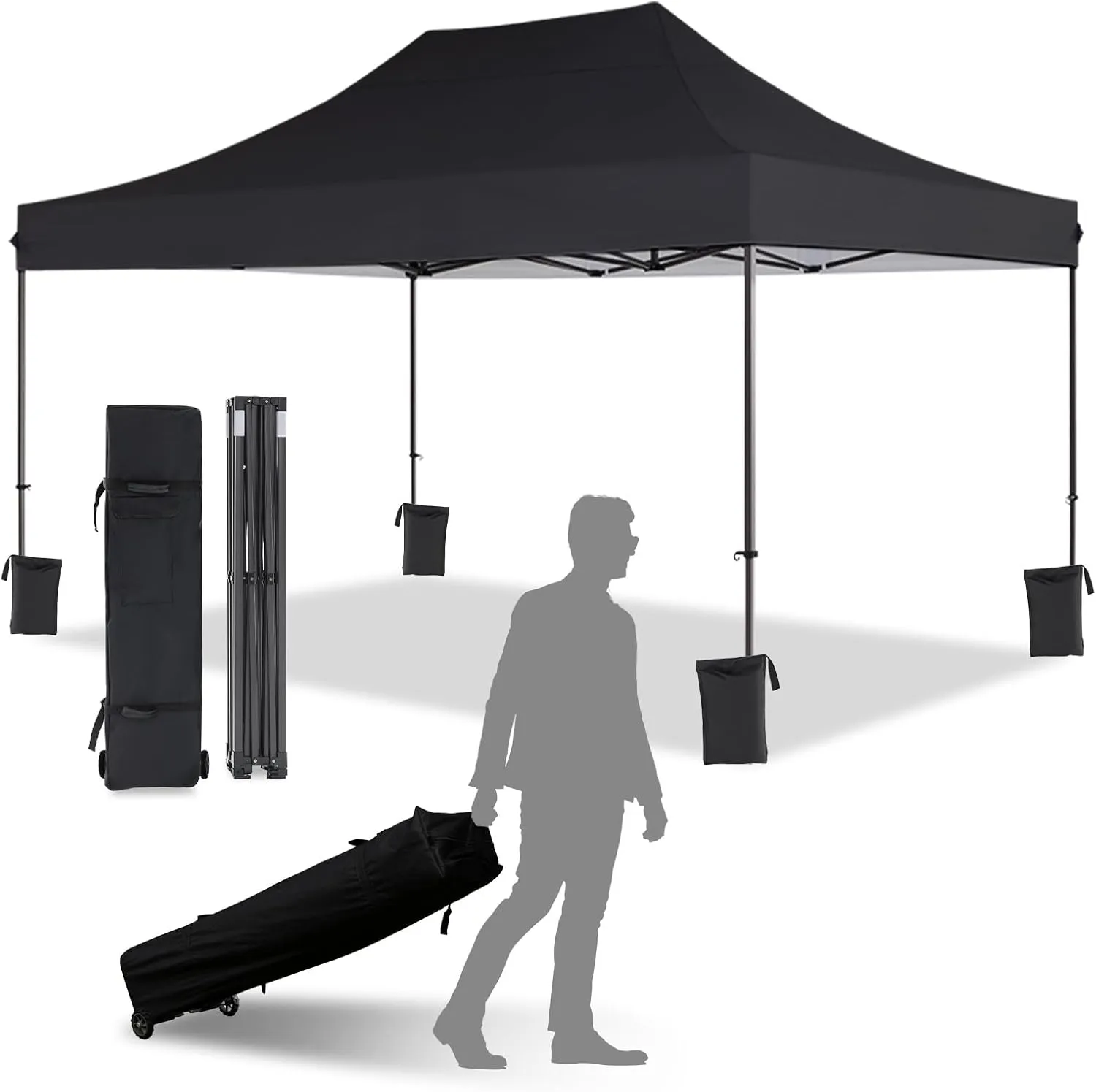 10x15 Canopy Tent with Roller Bag, Easy Up Pop Up Tent, 300D Silver-Coating Outdoor Shelter, 4 Stakes & 4Sandbags & 4 Ropes, Black