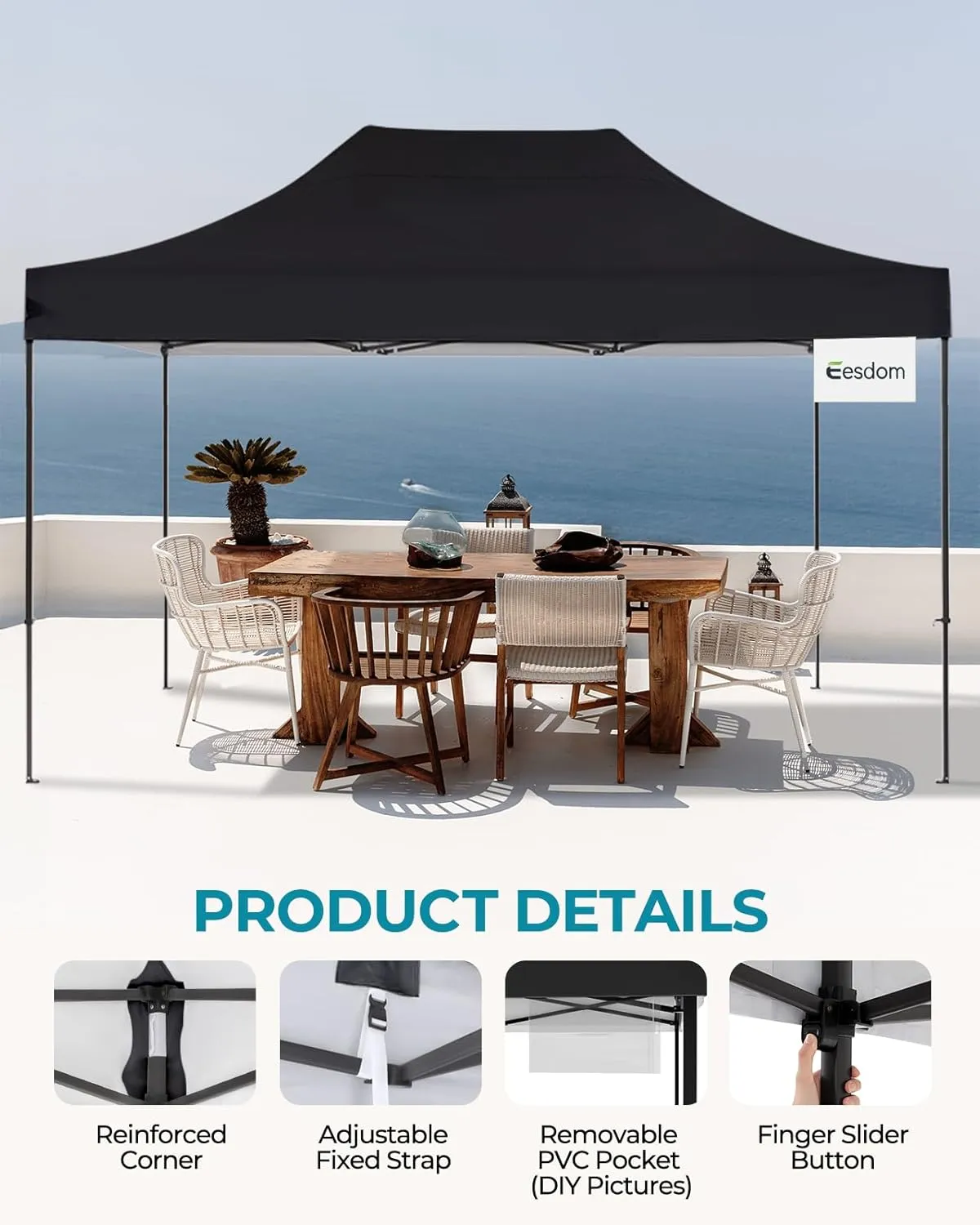10x15 Canopy Tent with Roller Bag, Easy Up Pop Up Tent, 300D Silver-Coating Outdoor Shelter, 4 Stakes & 4Sandbags & 4 Ropes, Black