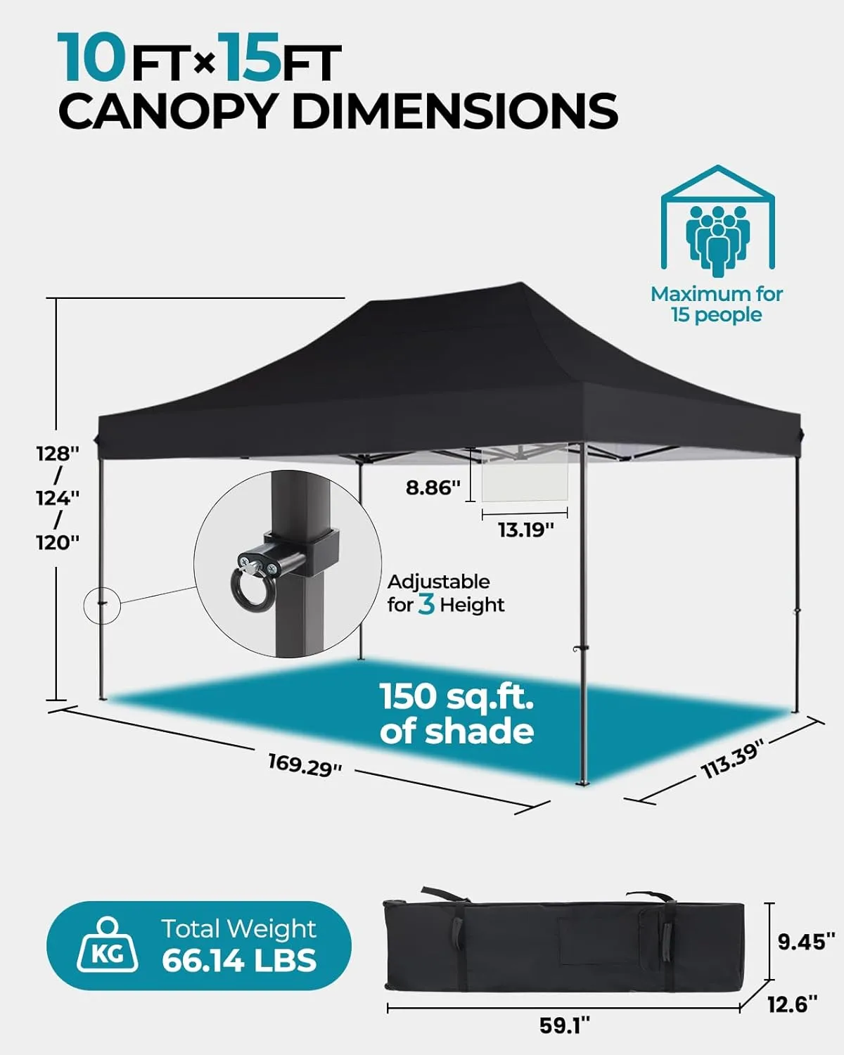10x15 Canopy Tent with Roller Bag, Easy Up Pop Up Tent, 300D Silver-Coating Outdoor Shelter, 4 Stakes & 4Sandbags & 4 Ropes, Black