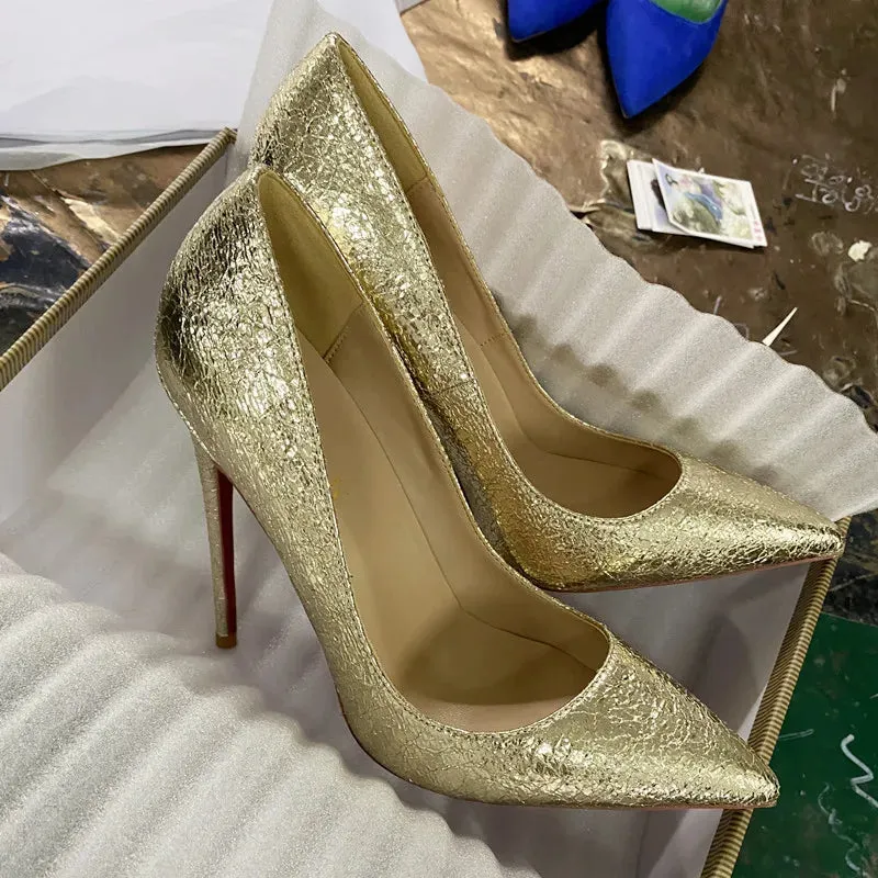 12cm Gold cracked high heels Narrow heel shoes
