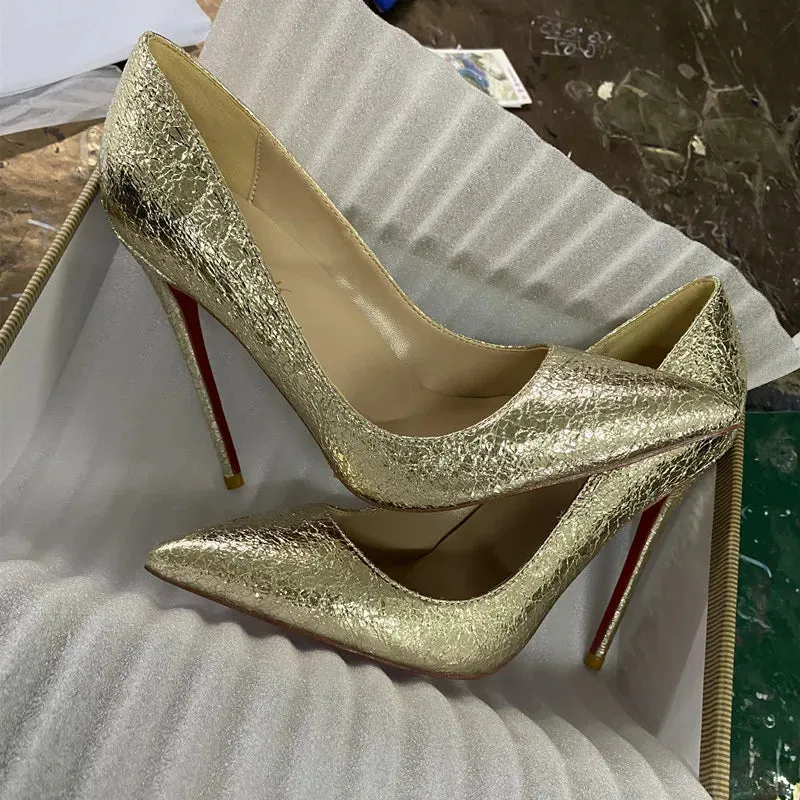 12cm Gold cracked high heels Narrow heel shoes