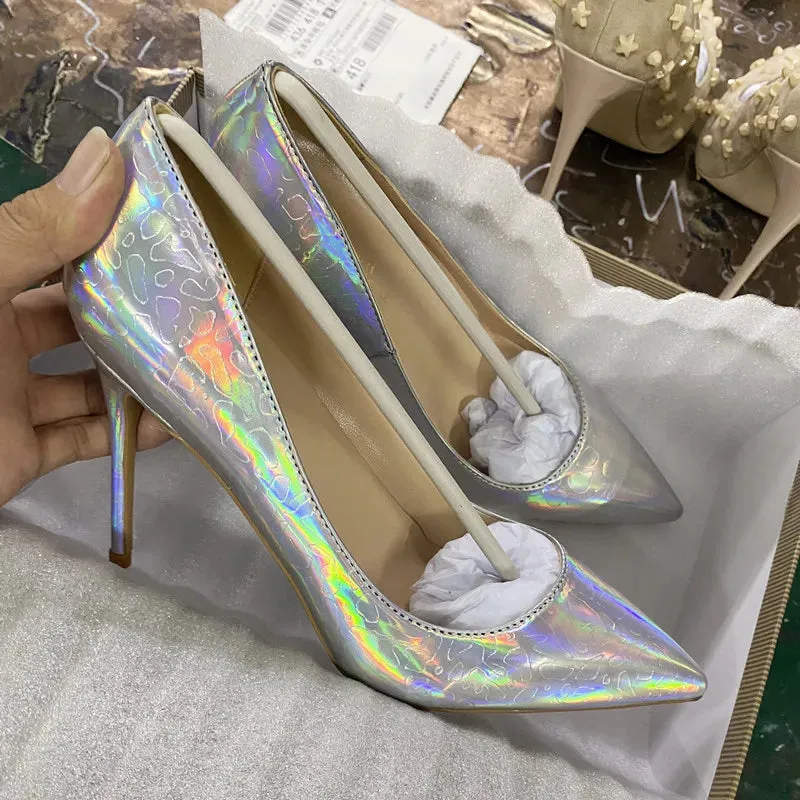 12cm slim heel sexy Women's shiny pointed high heels