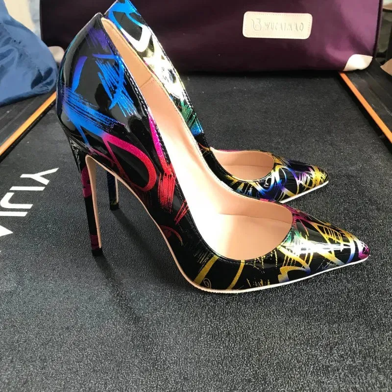 12cm women's black graffiti high heels  sexy shoes with artistic