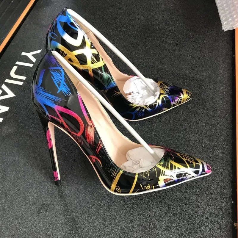 12cm women's black graffiti high heels  sexy shoes with artistic