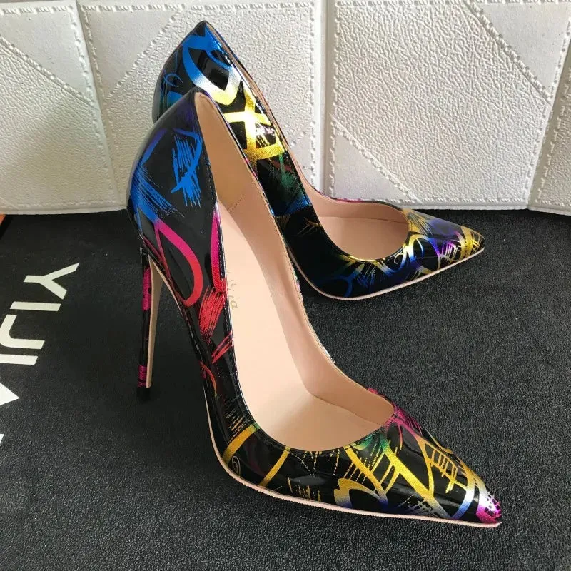 12cm women's black graffiti high heels  sexy shoes with artistic