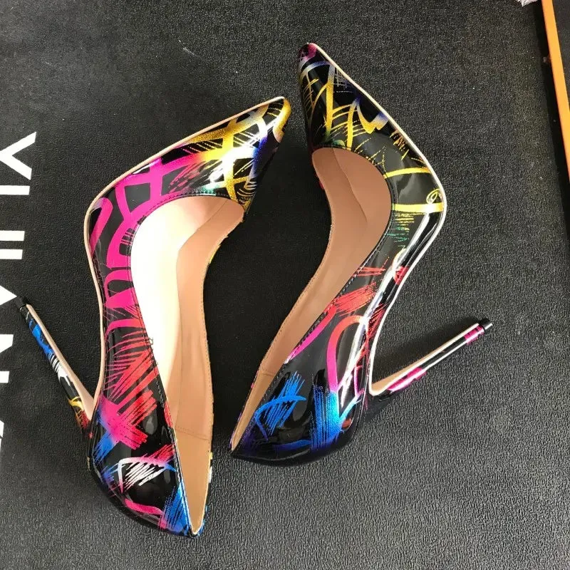 12cm women's black graffiti high heels  sexy shoes with artistic