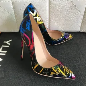 12cm women's black graffiti high heels  sexy shoes with artistic