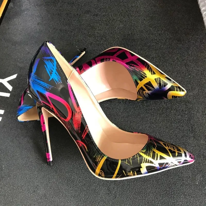 12cm women's black graffiti high heels  sexy shoes with artistic