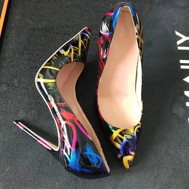 12cm women's black graffiti high heels  sexy shoes with artistic
