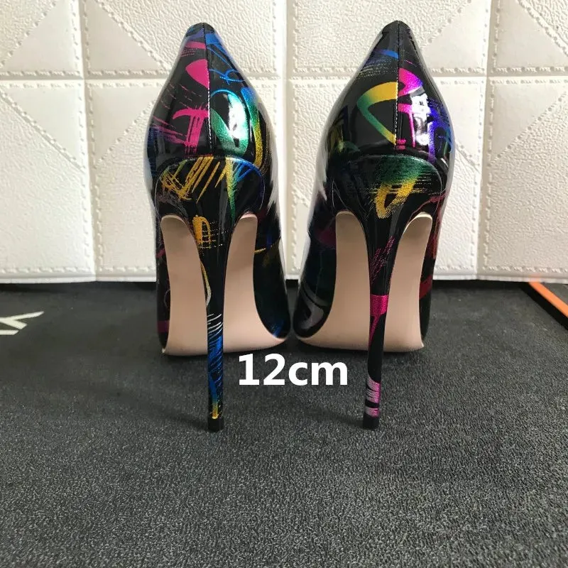 12cm women's black graffiti high heels  sexy shoes with artistic