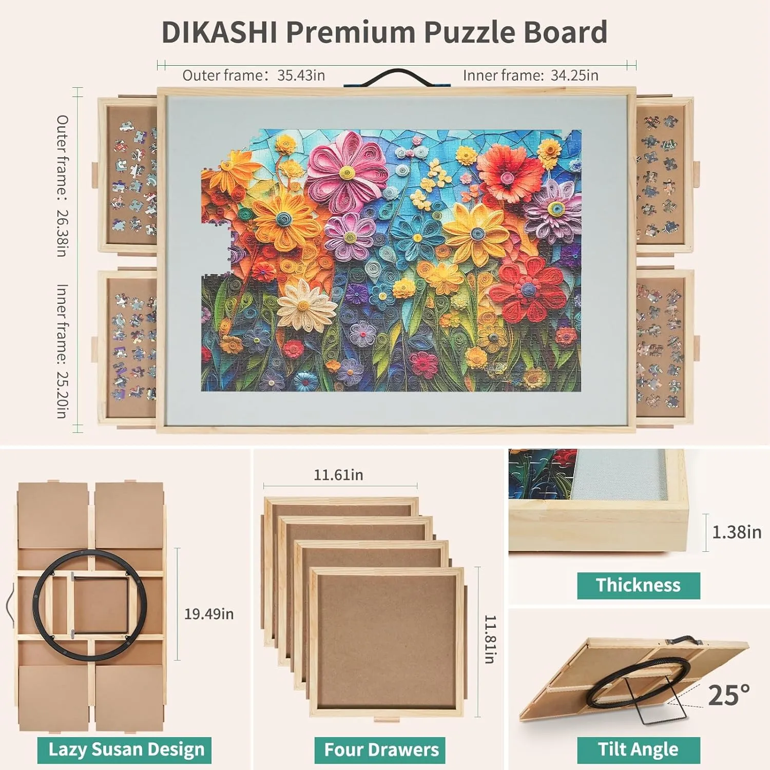 1500 Pieces Tilting & Rotating Puzzle Board, 34.25" × 25.2", Portable Jigsaw Puzzle Table for Adults with 4 Drawers & Protective Cover, Ideal Gift for Mum