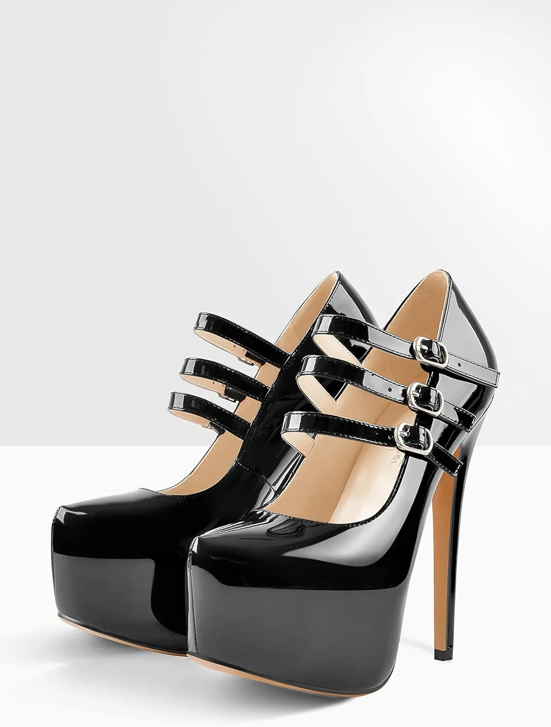 15cm Platform Round Toe Patent High Heel Stiletto Ankle Strap Pumps