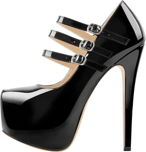 15cm Platform Round Toe Patent High Heel Stiletto Ankle Strap Pumps