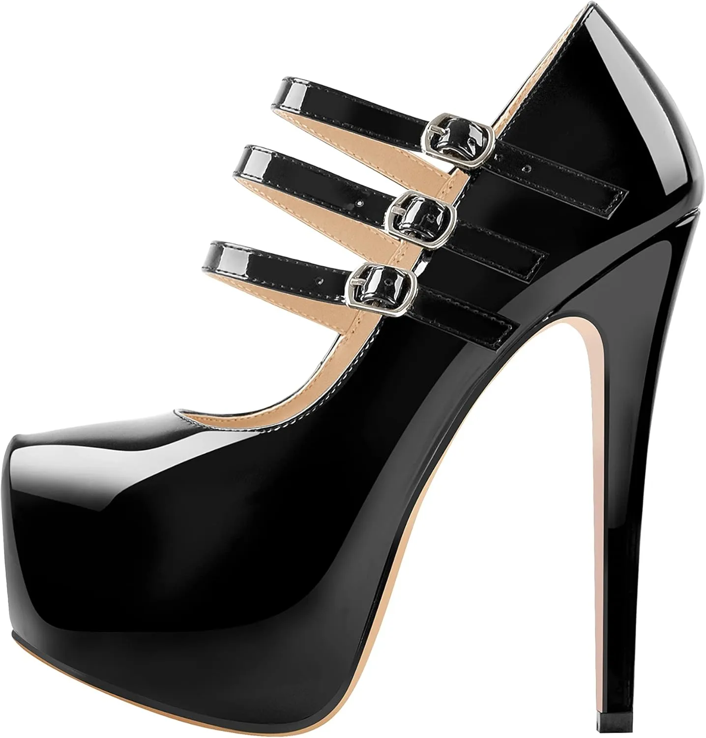 15cm Platform Round Toe Patent High Heel Stiletto Ankle Strap Pumps
