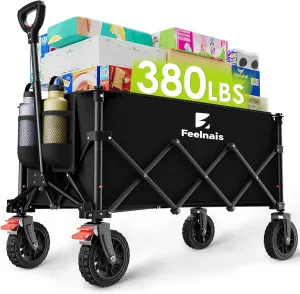 180L Collapsible Wagon with Wheels, Feelnais Folding Wagon Cart with Adjustable Handle, Foldable Utility Wagon for Grocery Shopping Camping Outdoor Sports Beach Garden