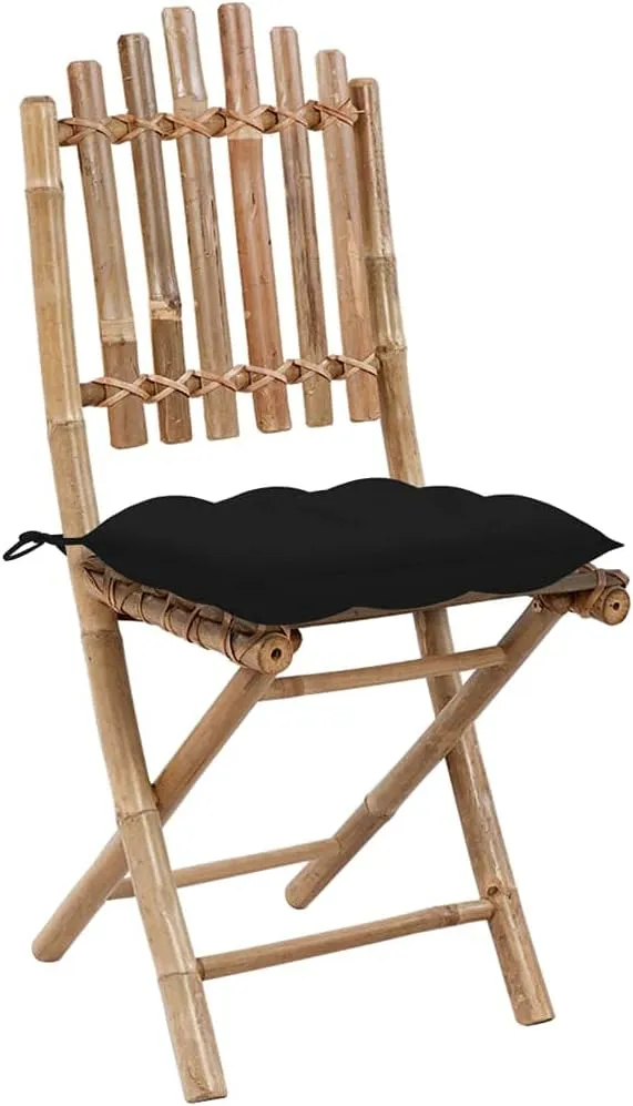 2-Pack Bamboo Folding Patio Chairs with Cushions Outdoor Furniture Set, Black Weather-Resistant Lounge Chairs for Garden Poolside Dining