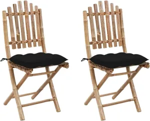 2-Pack Bamboo Folding Patio Chairs with Cushions Outdoor Furniture Set, Black Weather-Resistant Lounge Chairs for Garden Poolside Dining
