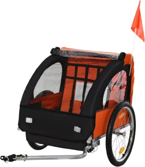 2-Seat Child Bike Trailer for Kids with Strong Steel Frame, 5-Point Safety Harnesses, Comfortable Seat, and Smooth Ride - Orange