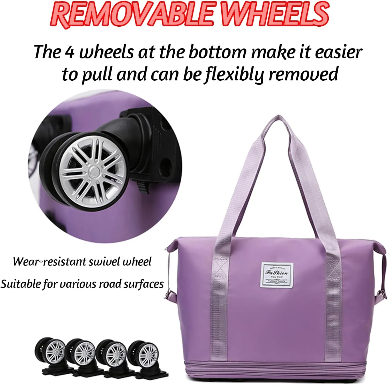 2025 new large capacity travel bag - universal wheel removable, Expandable Foldable Duffle Bag,Large Capacity Wide-Open, Dry and Wet Separation (light purple)